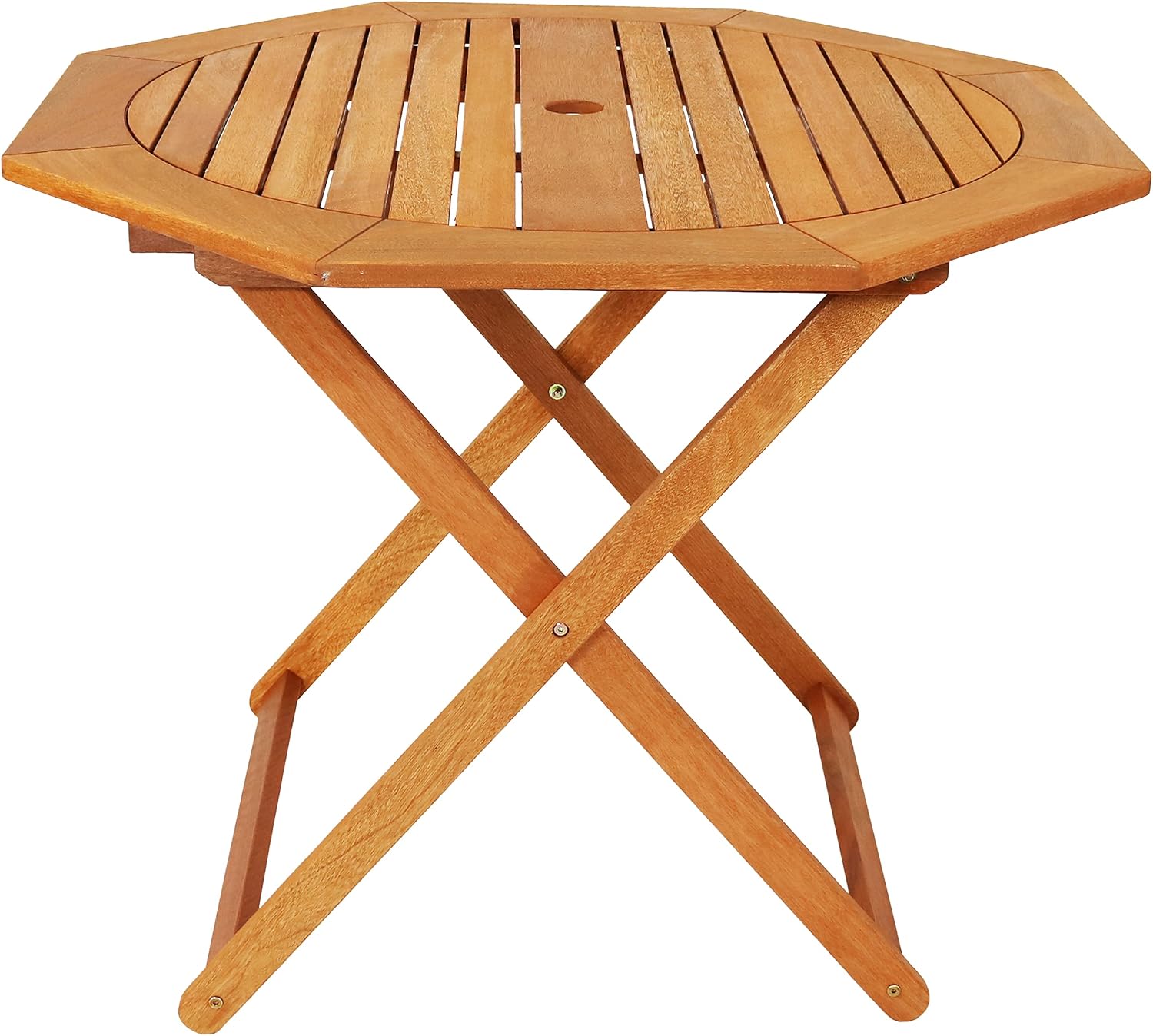 Outdoor Furniture Teak - メランティウッド製折りたたみ式アウトドアテーブル、傘立て付き八角形パティオダイニングデスク、裏庭、ポーチ、庭、プールサイド用、持ち運び可能な耐候性家具、ナチュラルティックブラウン、一体型