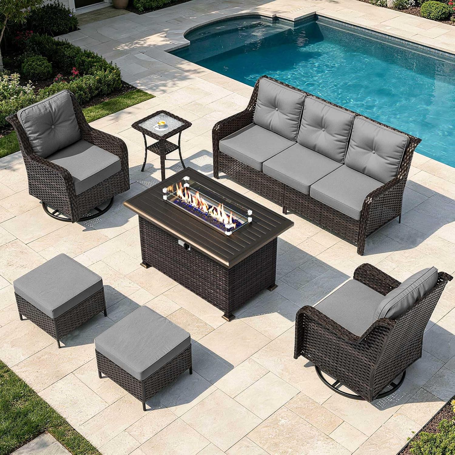 Outdoor Furniture Bali - 7点セットのパティオ家具セット、屋外用厚手の籐製セクショナルソファ（回転椅子2脚付き）、ハイバックセクショナルカウチ、カスタム可能