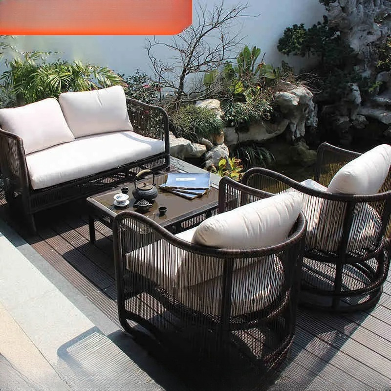 Outdoor Furniture Teak - 屋外ラタンソファセット パティオガーデン家具 耐候性ウィッカーカウチ テラスバルコニー芝生用 シングル/ダブルシート
