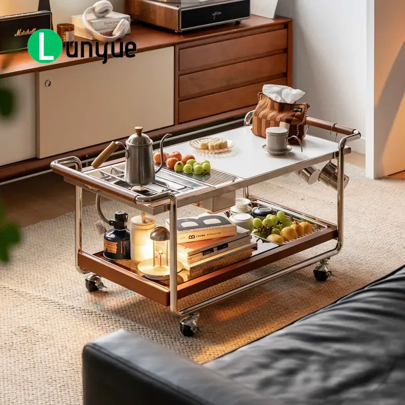 Outdoor Furniture Japanese Style - 和風デザインの、石目調の天板を使用したコーヒーテーブル。頑丈な木製で、車輪付きのIGTキャンプテーブルとして、屋外のパティオで移動可能な家具として使用可能。