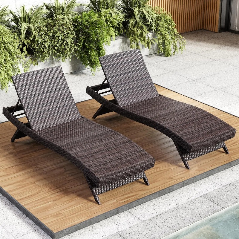 Outdoor Furniture Recliner Set - &ラウンジチェア アウトドアセット 2脚組、籐製パティオラウンジチェア、リクライニング背もたれ付きアウトドアラウンジチェア