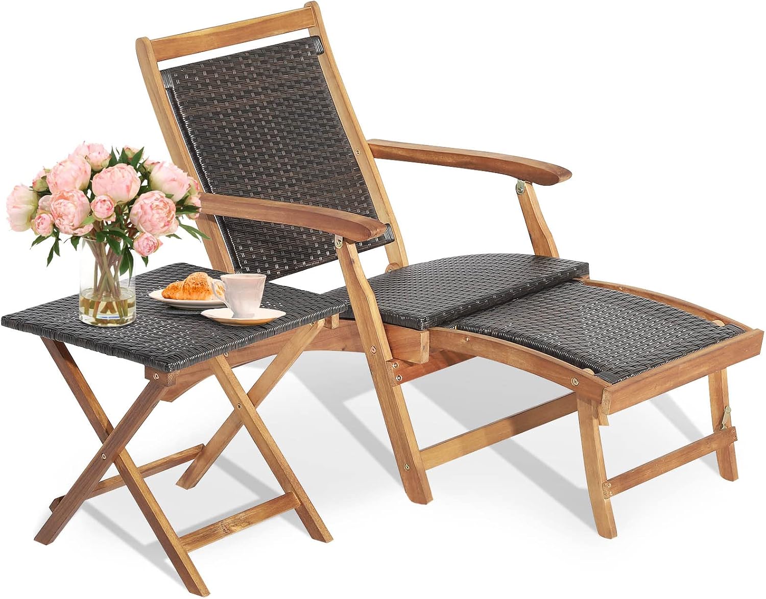 Outdoor Furniture Recliner Set - 折りたたみ式屋外パティオラウンジチェアとサイドテーブルセット、アカシア材ウィッカーリクライニングアームレストチェア、格納式オットマン付きシェーズラウンジャー家具、庭、裏庭、プールサイド、バルコニー用、ナチュラルブラウン