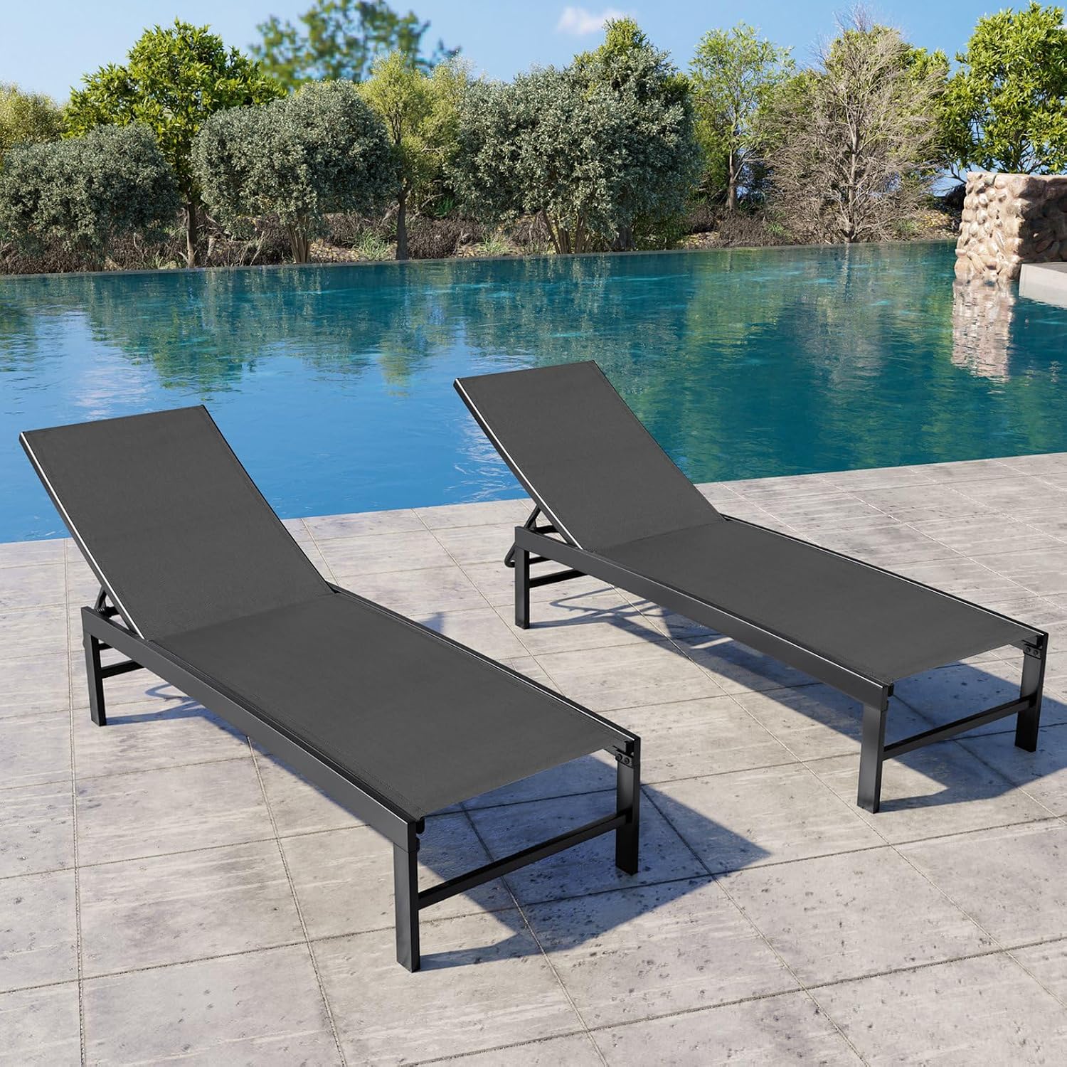 Outdoor Furniture Recliner Set - 調整可能な5段階リクライニング機能付き屋外用ラウンジチェア2脚セット、金属フレーム、全天候型リクライナー、パティオ、ビーチ、庭、プール用、カスタマイズ可能