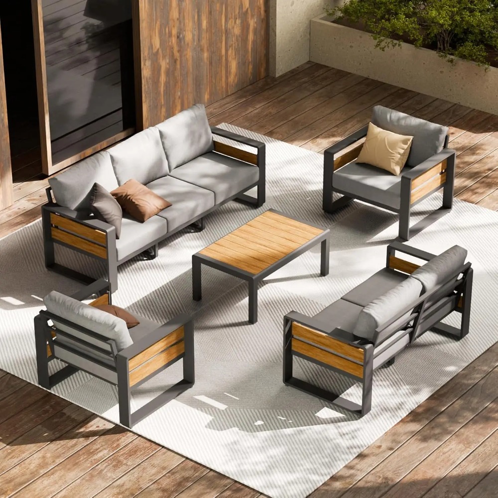 Outdoor Furniture Lounge Set - アルミ製屋外パティオ家具セット（テーブル、7人掛け、ダークグレー） | 防錆性、重量感、カスタム