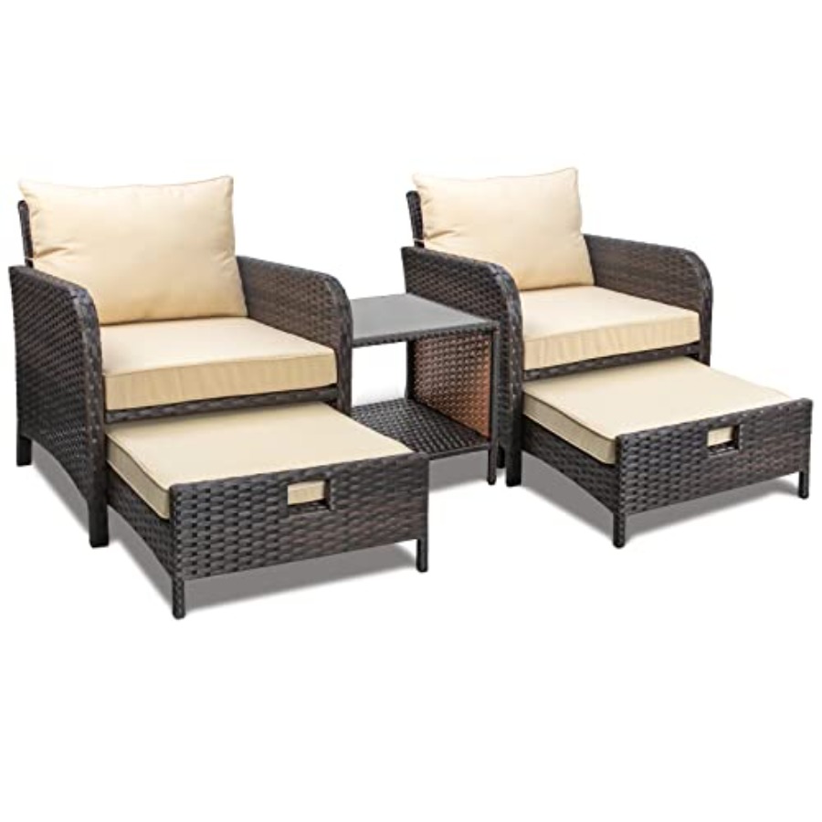 Outdoor Furniture Lounge Set - バルコニー家具5点セット、PE製ウィッカーラタン製屋外ラウンジチェア、ソフトクッション付き、オットマン2個とガラス製テーブル
