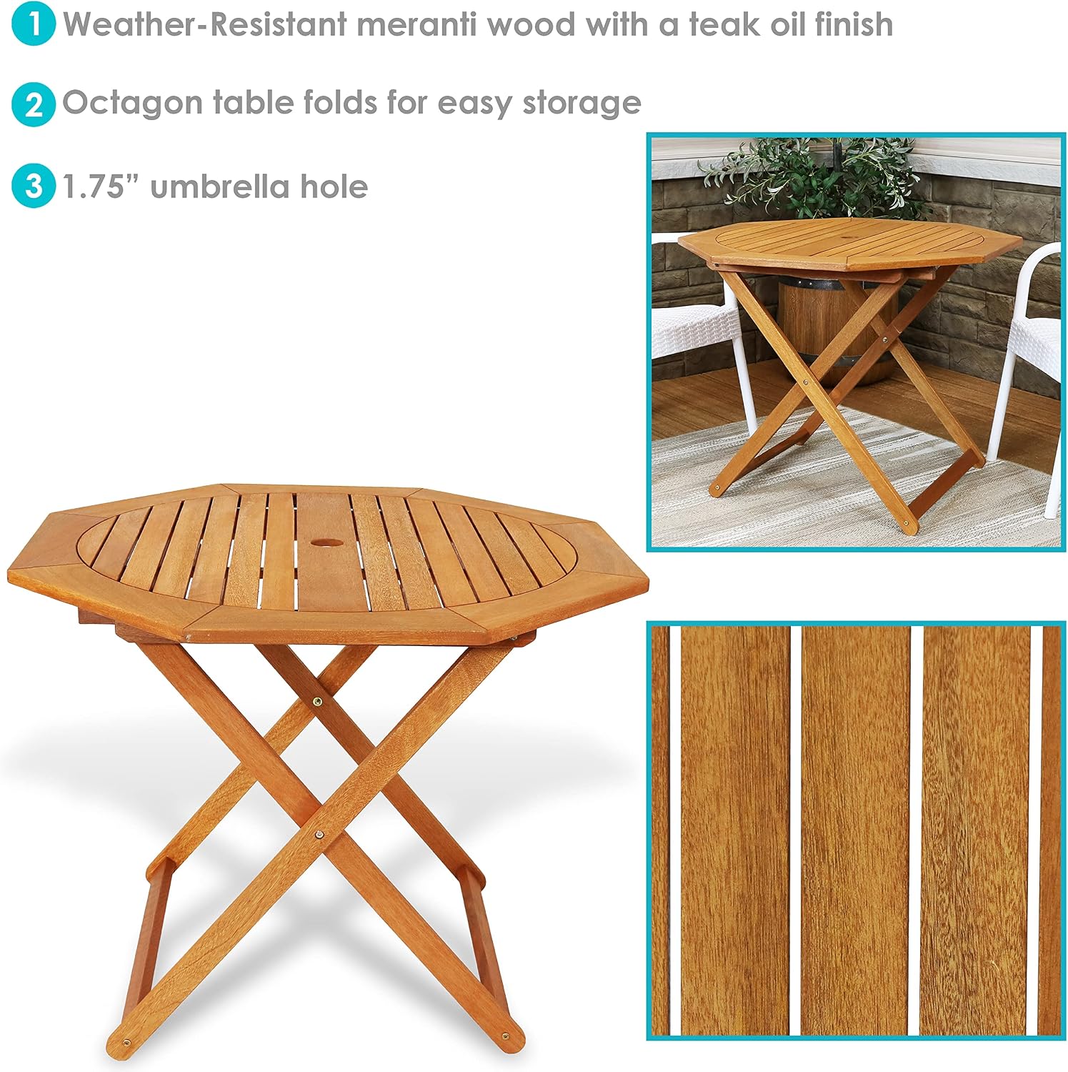 メランティウッド製折りたたみ式アウトドアテーブル、傘立て付き - Outdoor Furniture Teak のレビューと価格