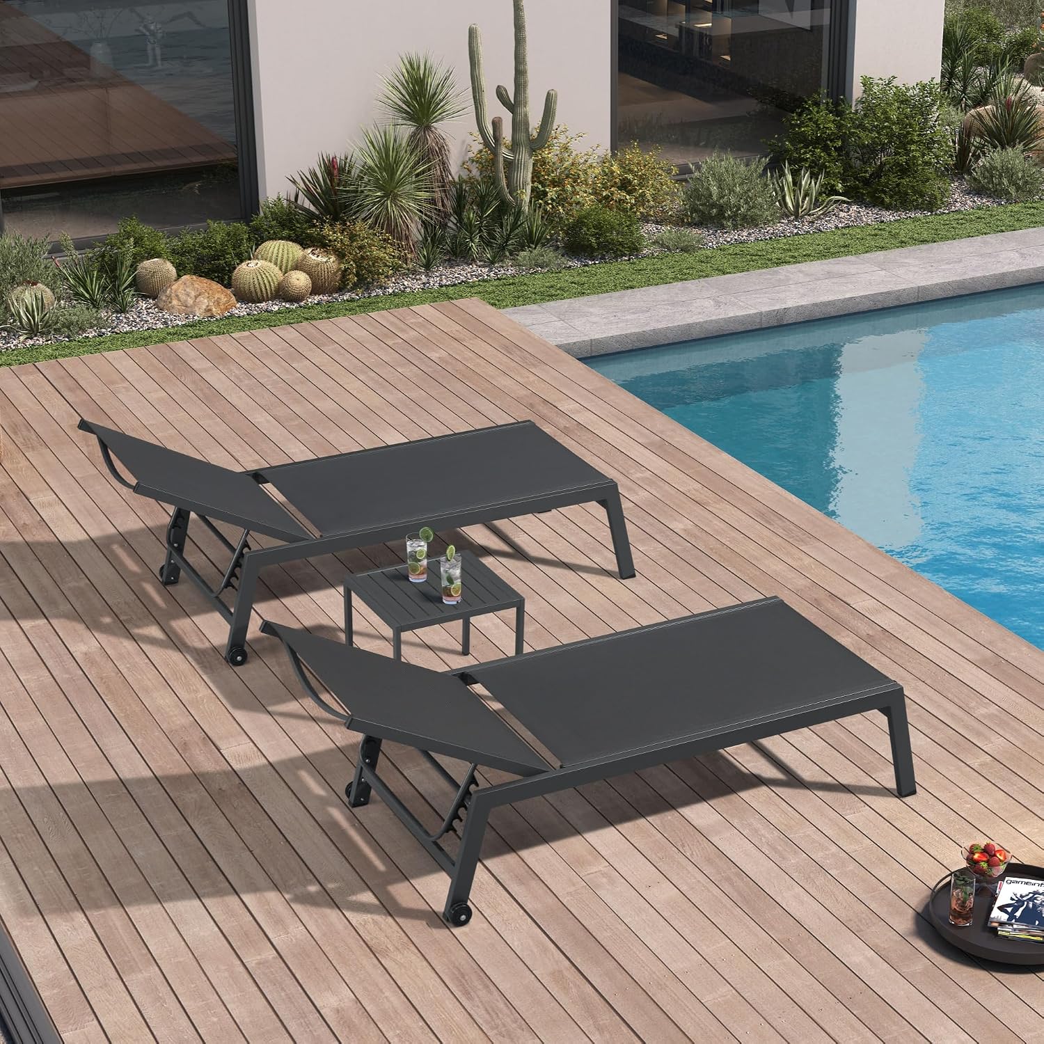 ワイドパティオラウンジチェア2脚セット、サイドテーブル付き、 - Outdoor Furniture Recliner Set のレビューと価格