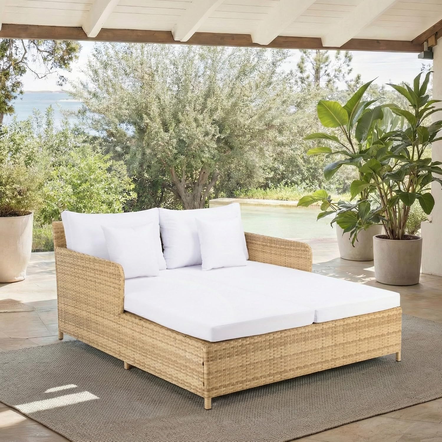 アウトドアカデオデイベッド ナチュラル＆ホワイトスチールフレ - Outdoor Daybed Furniture のレビューと価格
